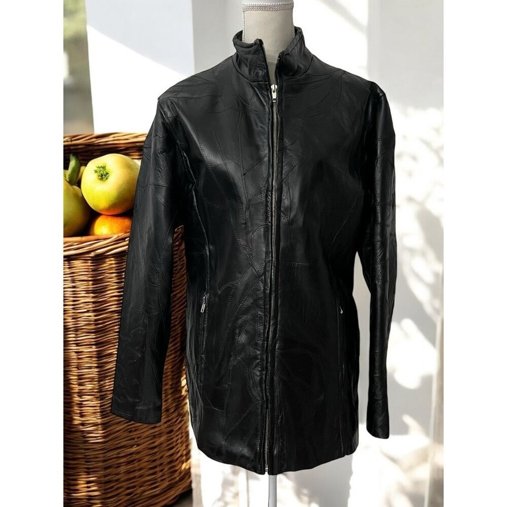 Vintage‎ Cellini Long Full Grain Black Patchwork  Leather Matrix Jacket Size XL